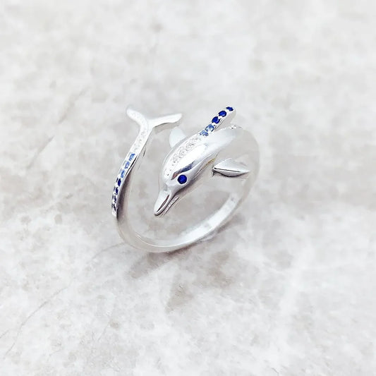 Ring Delfin mit blauen Steinen, brandneuer trendiger edler Schmuck, reines 925er Sterlingsilber, fröhliches Geschenk für Frauen
