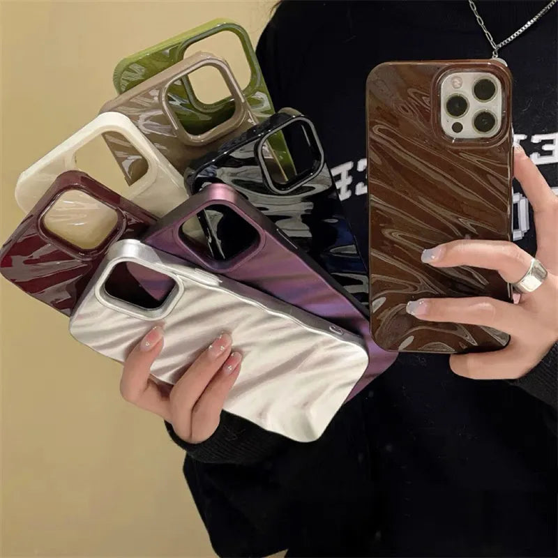 Custodia per telefono di lusso in seta 3D con motivo ondulato per iPhone 14 13 12 11 Pro Max X XR XS Max 7 8 14 Plus, tinta unita, lucida, con paraurti