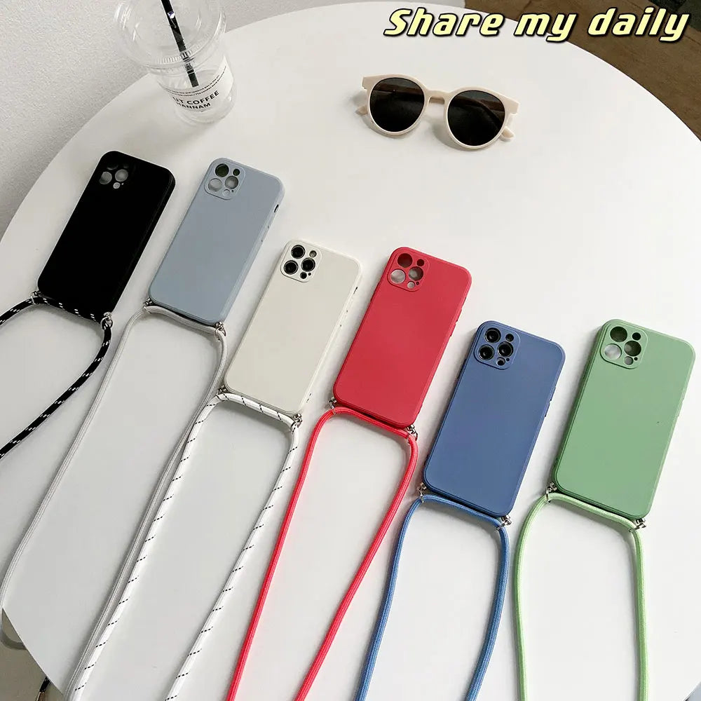 Custodia per telefono in silicone liquido con tracolla, cordino e collana per iPhone 15, 14, 13, 12, MiNi 11 Pro X, XR, XS Max, 7, 8Plus SE