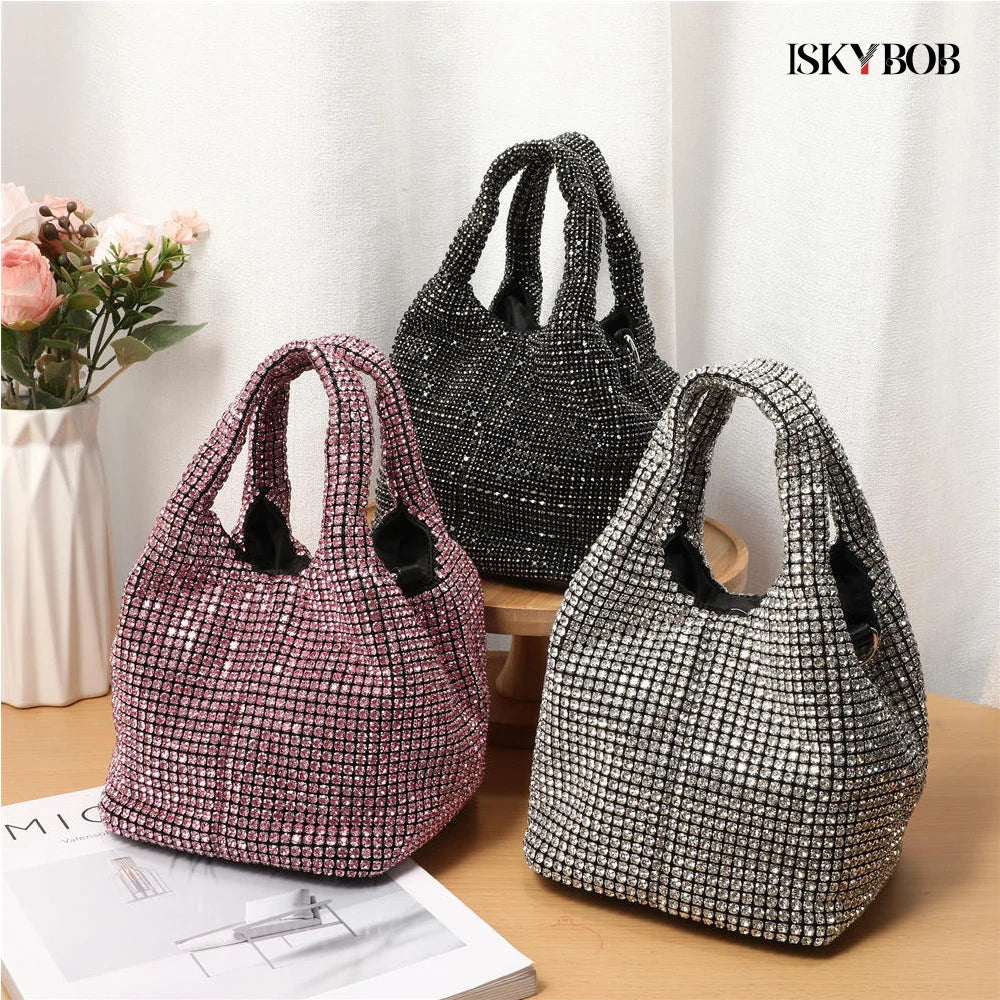 Borsa a tracolla da sera con manico e strass per donna, borsa a mano lucida da sera, per cene, feste e matrimoni, borsa a secchiello da donna, borsa a tracolla