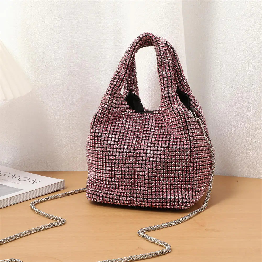 Borsa a tracolla da sera con manico e strass per donna, borsa a mano lucida da sera, per cene, feste e matrimoni, borsa a secchiello da donna, borsa a tracolla