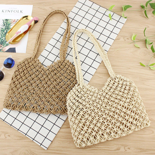 Handgeflochtene Strandtasche mit Münzverschluss aus Kupfer, ungefüttert