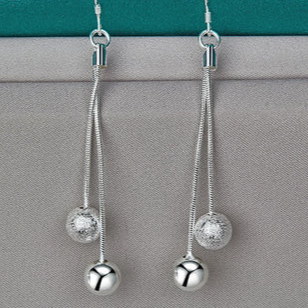 Orecchini in argento sterling 925 con perline lisce e opache, pendenti lunghi, per donna, gioielli da matrimonio, fidanzamento, moda e feste.