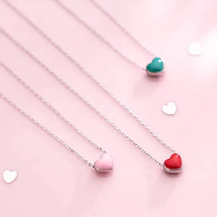 Collana con ciondolo a forma di cuore in argento sterling 925, smalto rosso, rosa e verde, per donna